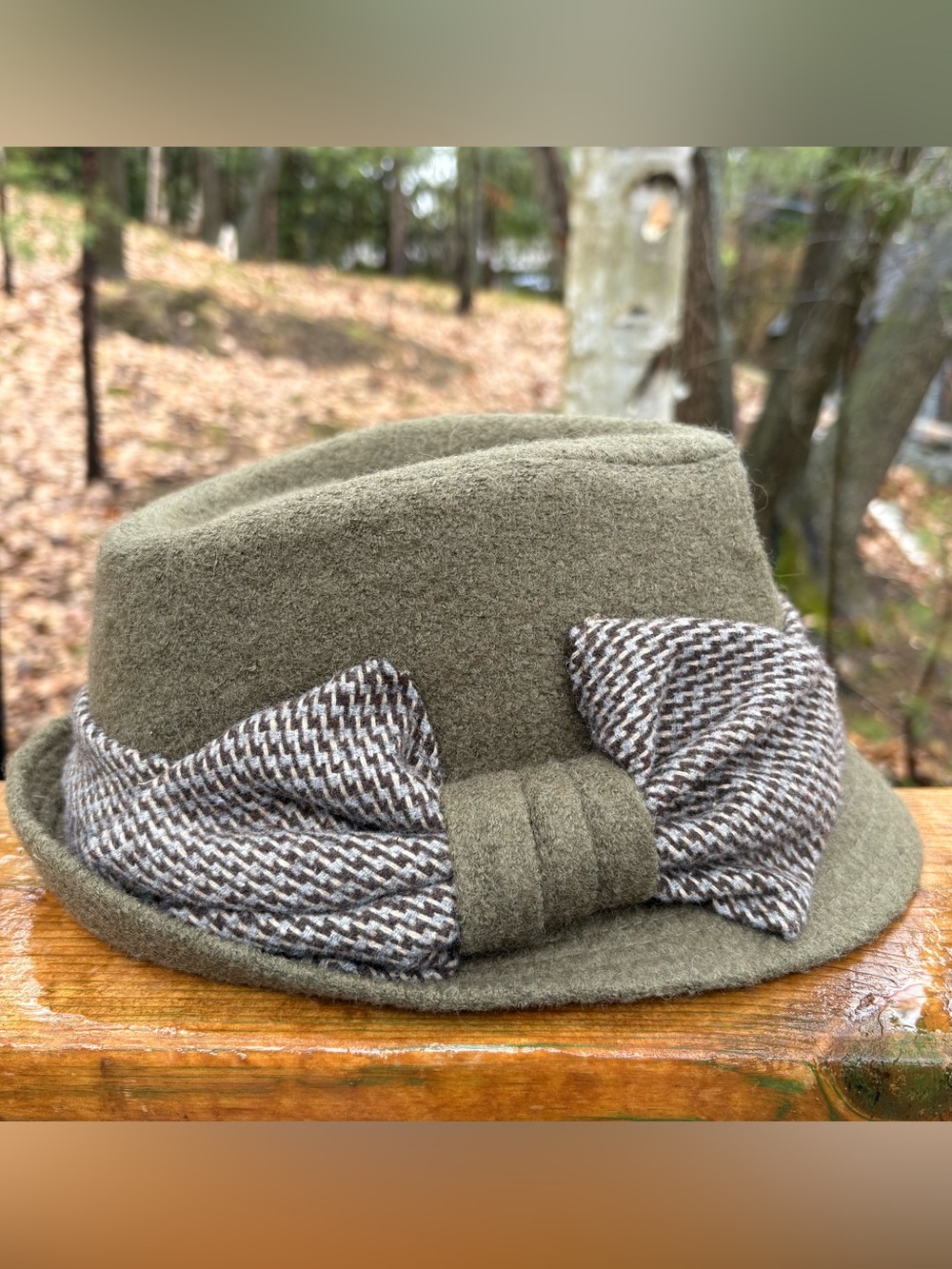 ADORA Olive Wool Felt Trilby with Houndstooth Bow Fall Winter Hat